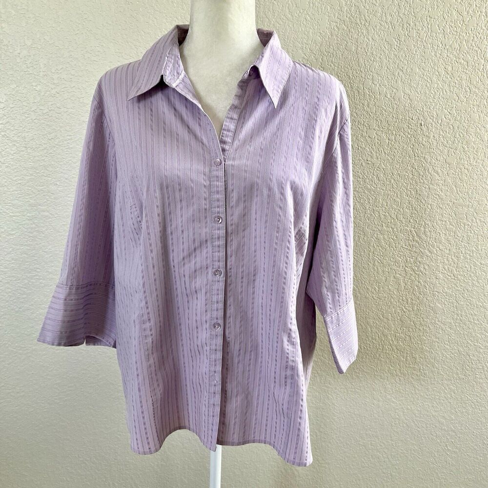 Lane Bryant Size 18/20 Purple Silver Stripes Button Front Long Sleeve Blouse Top
